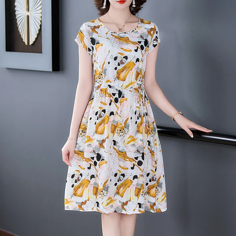 棉绸短袖连衣裙女夏新款时尚宽松显瘦收腰系带遮肚减龄中长款裙子