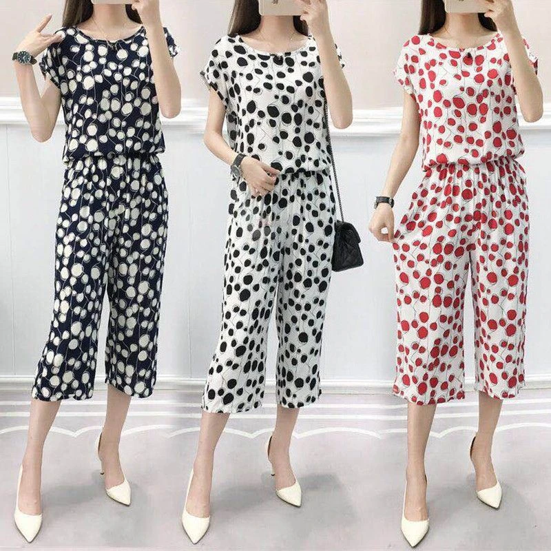 棉绸阔腿裤套装女夏季新款时尚休闲宽松显瘦印花七分裤两件套洋气