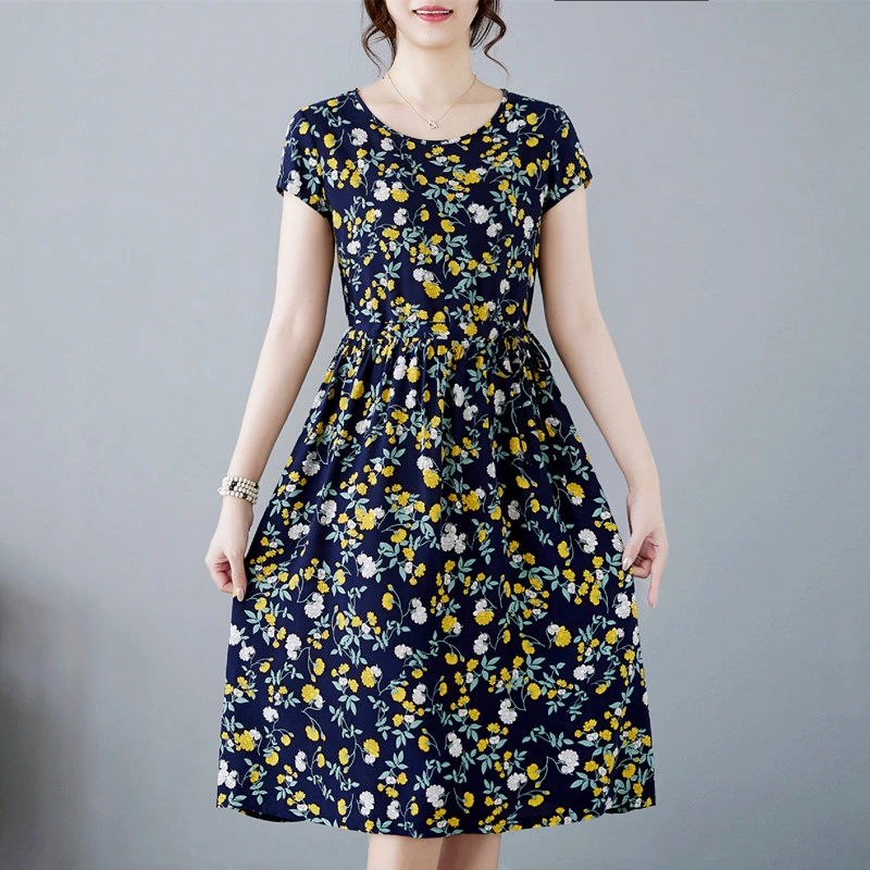 妈妈装夏季女新款洋气时尚宽松显瘦印花收腰裙子中老年短袖连衣裙