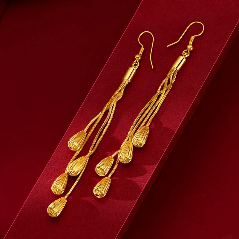 铜合金耳饰 时尚百搭黄金色水滴耳坠女款 气质金枝玉叶长款耳饰品