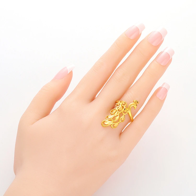 合金戒指 时尚24k黄金色女士开口孔雀戒指女百搭精美婚庆可调节