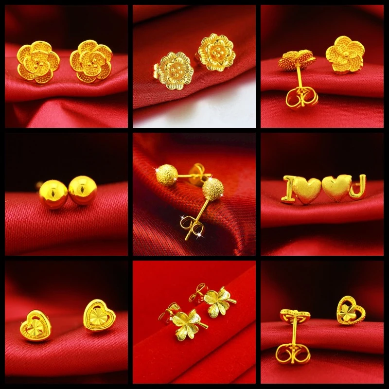 铜合金耳饰 精美时尚玫瑰花耳钉女款 百搭黄金色气质简约精致耳饰