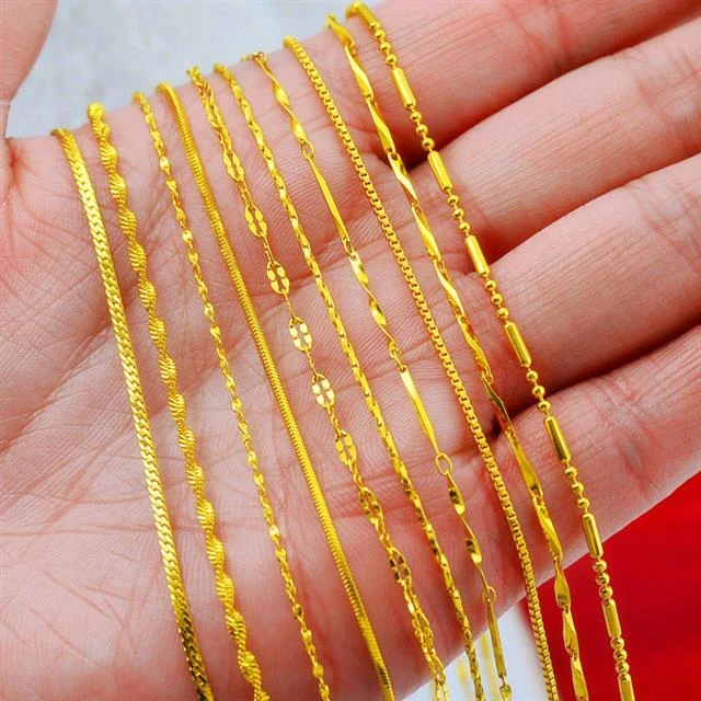 铜合金项链 时尚百搭黄金色单链水波锁骨链女款细款镀金项链首饰