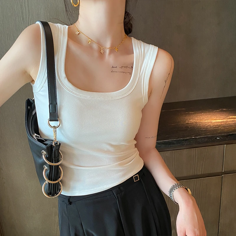 方领吊带背心女带胸垫外穿内搭夏季新款宽肩纯色修身打底百搭上衣