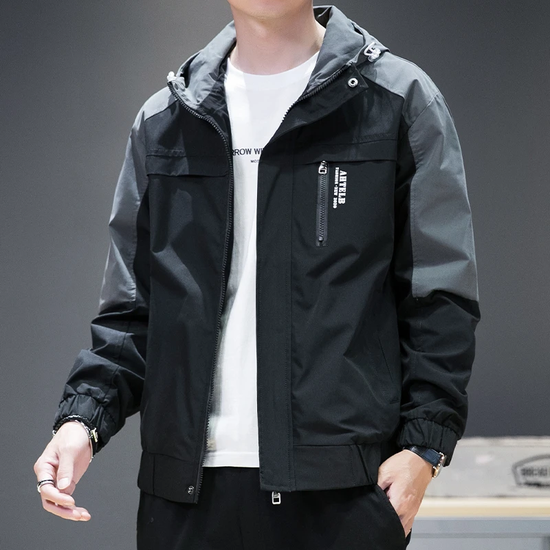 胖子工装夹克男士宽松大码外套2023新款潮牌拼接休闲连帽衣服男装