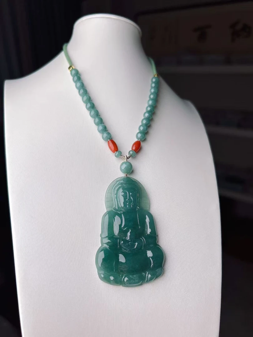 D21原创DIY天然缅甸A货翡翠蓝水观音吊坠赠链