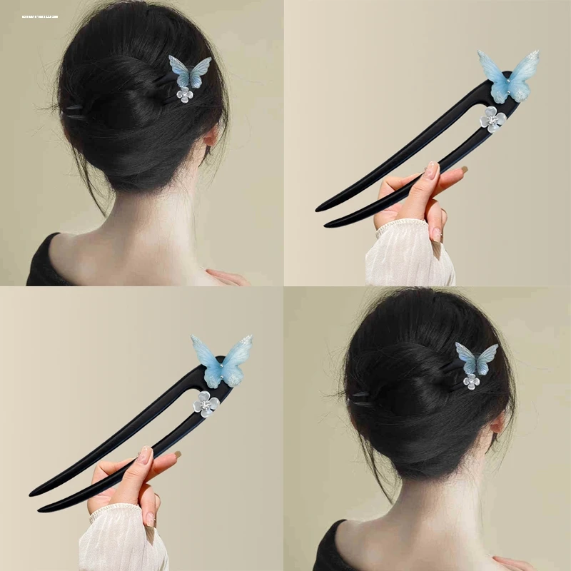 简约古风蓝蝴蝶U型发簪清冷复古花朵木簪簪子汉服马面裙发钗发饰