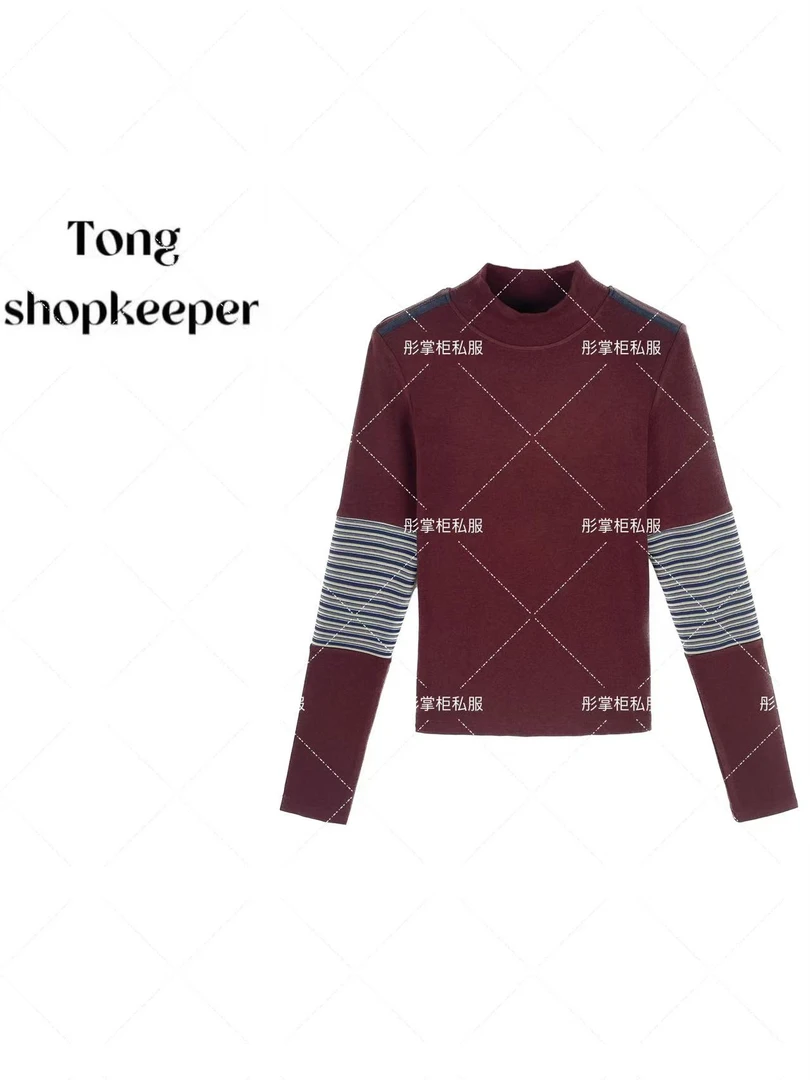 QJ/彤掌柜1681134【德绒+绵羊毛】秋冬24新款拼接条纹时尚上衣内搭