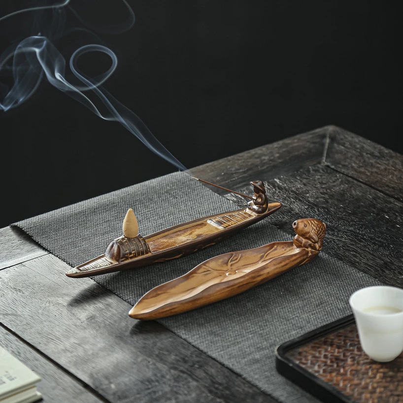 秋江独钓鱼水陶瓷线香插中式香插座家用室内香托创意卧香炉线香炉