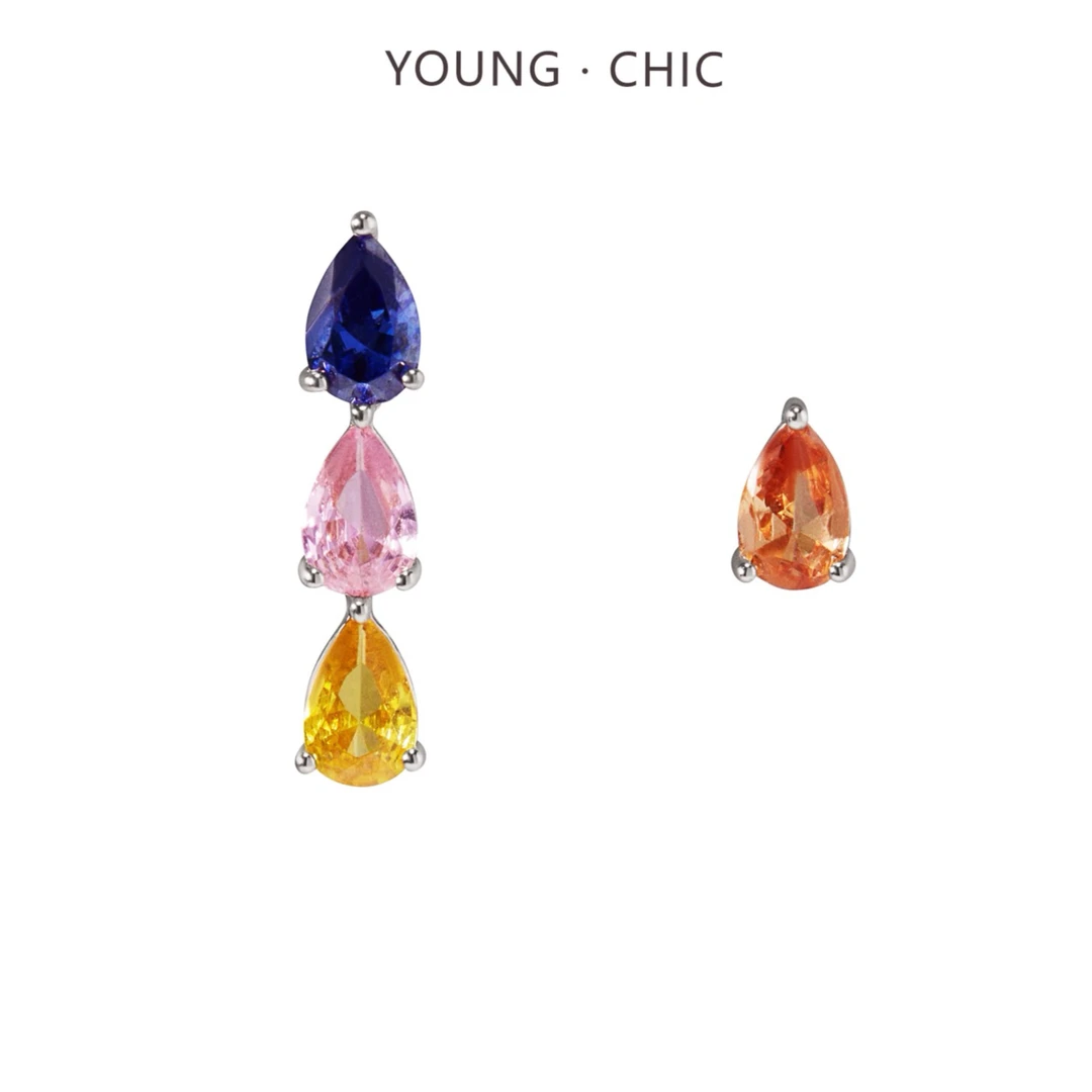 铜合金合成锆石耳饰 Young·Chic水滴彩锆耳钉 高级镶嵌气质轻奢