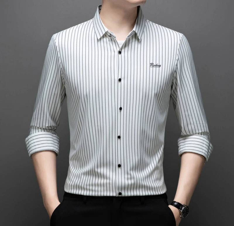 秋季新竖条纹长袖2024经典时尚衬衫男装商务休闲简约百搭款衬衣