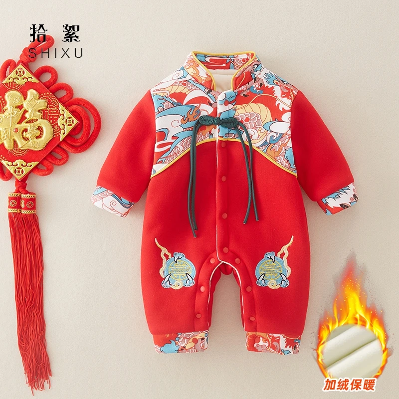 婴儿衣服秋冬装加绒连体衣宝宝百日宴周岁礼服红色喜庆过年拜年服