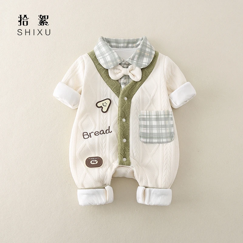 婴儿衣服秋装连体衣男宝宝春秋季外出服超萌哈衣周岁礼服双层抱衣