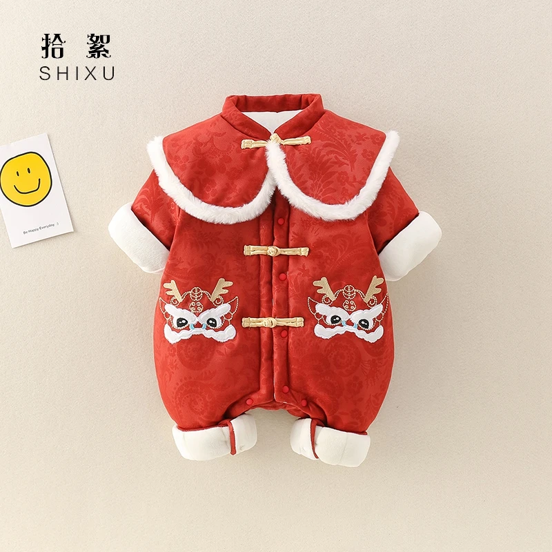 婴儿衣服冬装加绒连体衣棉服中国风汉服女宝宝公主周岁礼服拜年服