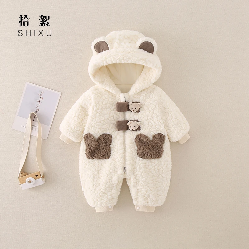 婴儿衣服秋冬装加绒连体衣宝宝超萌卡通毛毛衣0一1岁外出连帽棉服
