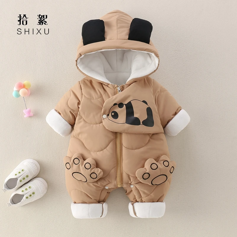 婴儿衣服秋冬装夹棉连体衣棉服冬装宝宝加绒连帽棉衣卡通外出抱衣