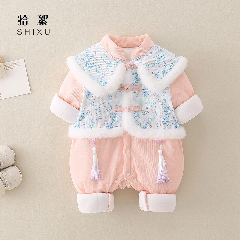 婴儿衣服秋冬装夹棉连体衣棉服女宝宝公主哈衣中国风汉服薄棉外套