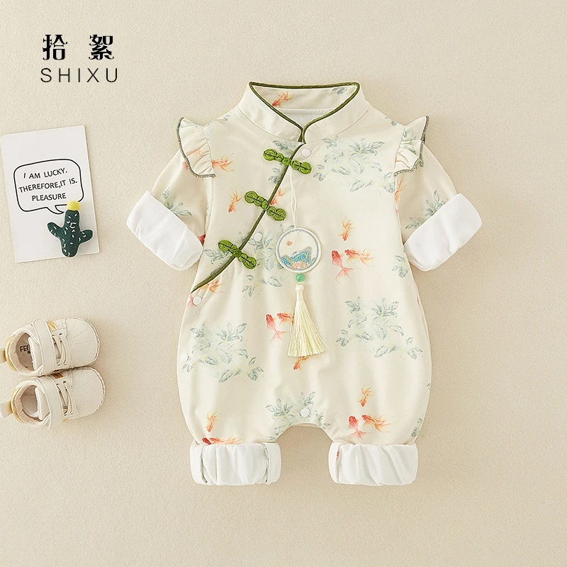 婴儿衣服春装双层连体衣女宝宝中国风汉服旗袍哈衣超萌公主外出服