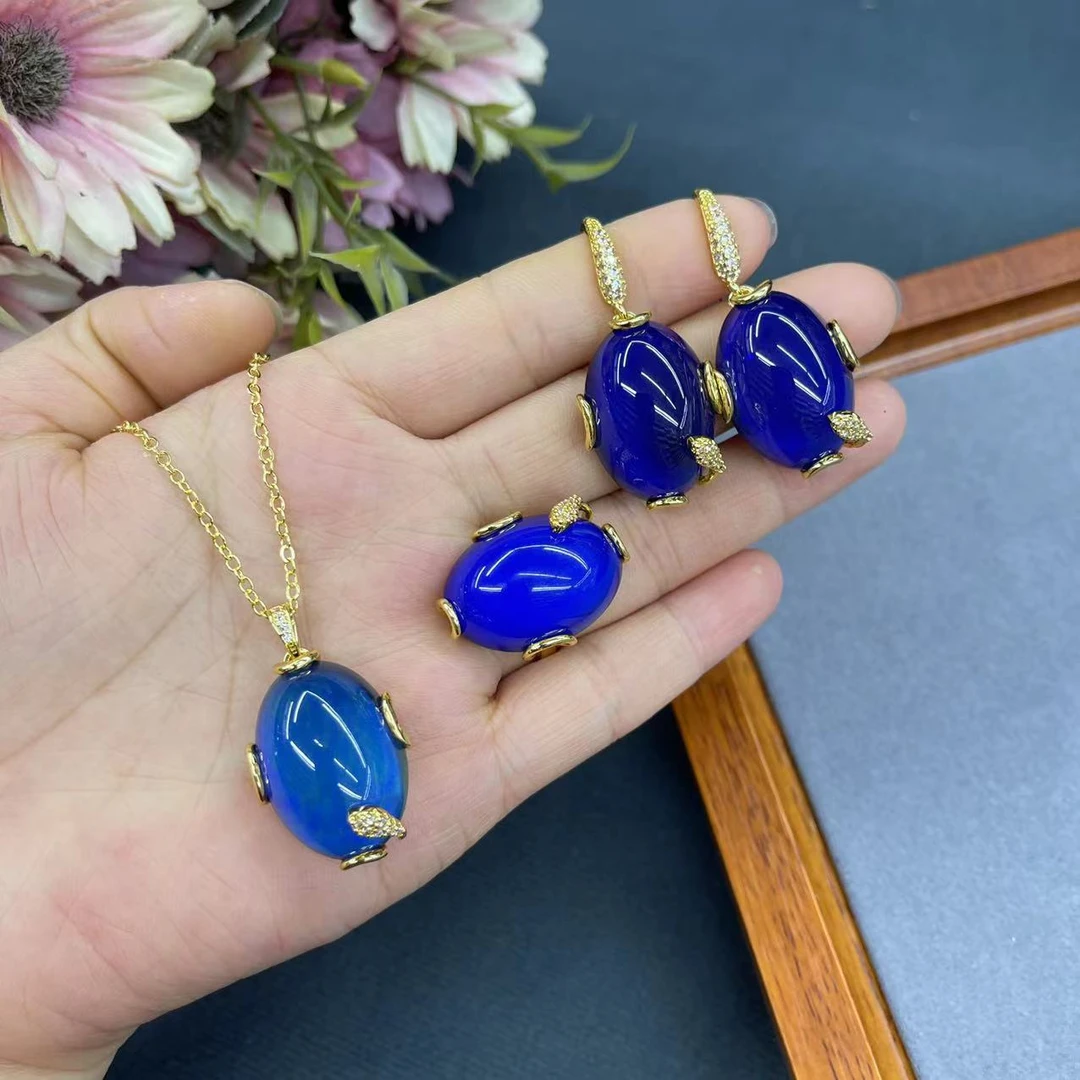 铜合金戒指 【437】感温石镶嵌三件套保色电镀套装活口戒指项链耳环