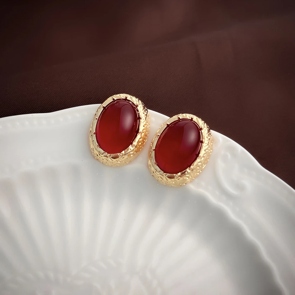 铜合金耳饰 【447】中古vintage高定椭圆纹理耳钉小众轻奢气质耳饰