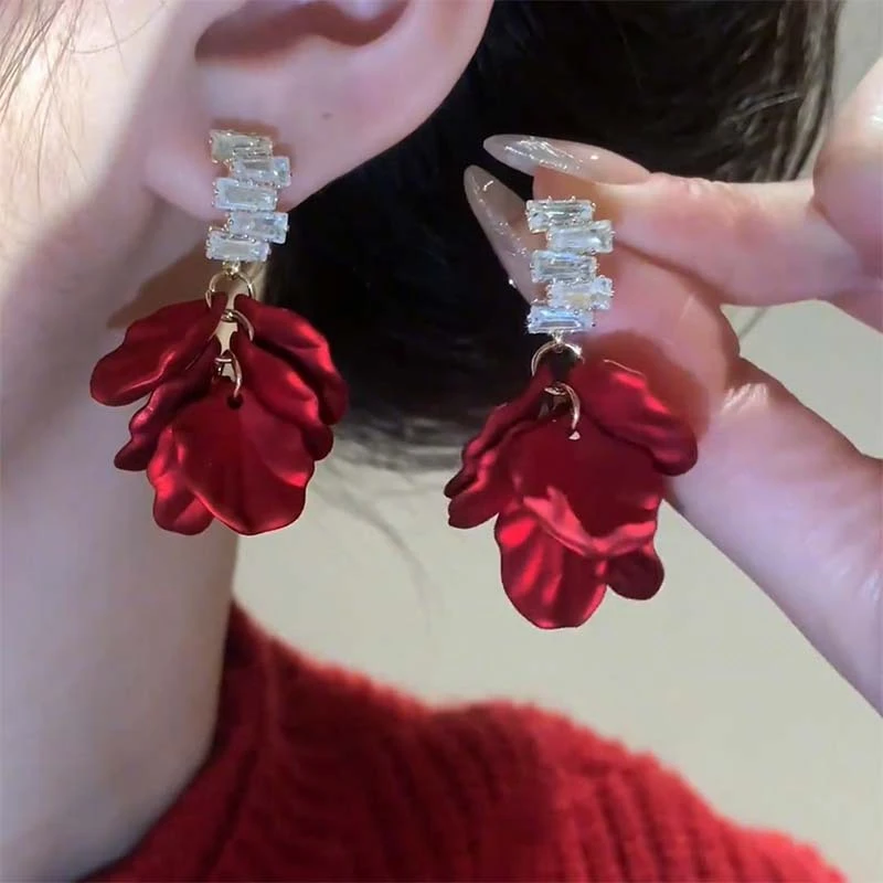 铜合金耳饰 【037】百搭红色花瓣耳环女设计感时尚高级气质花朵耳环