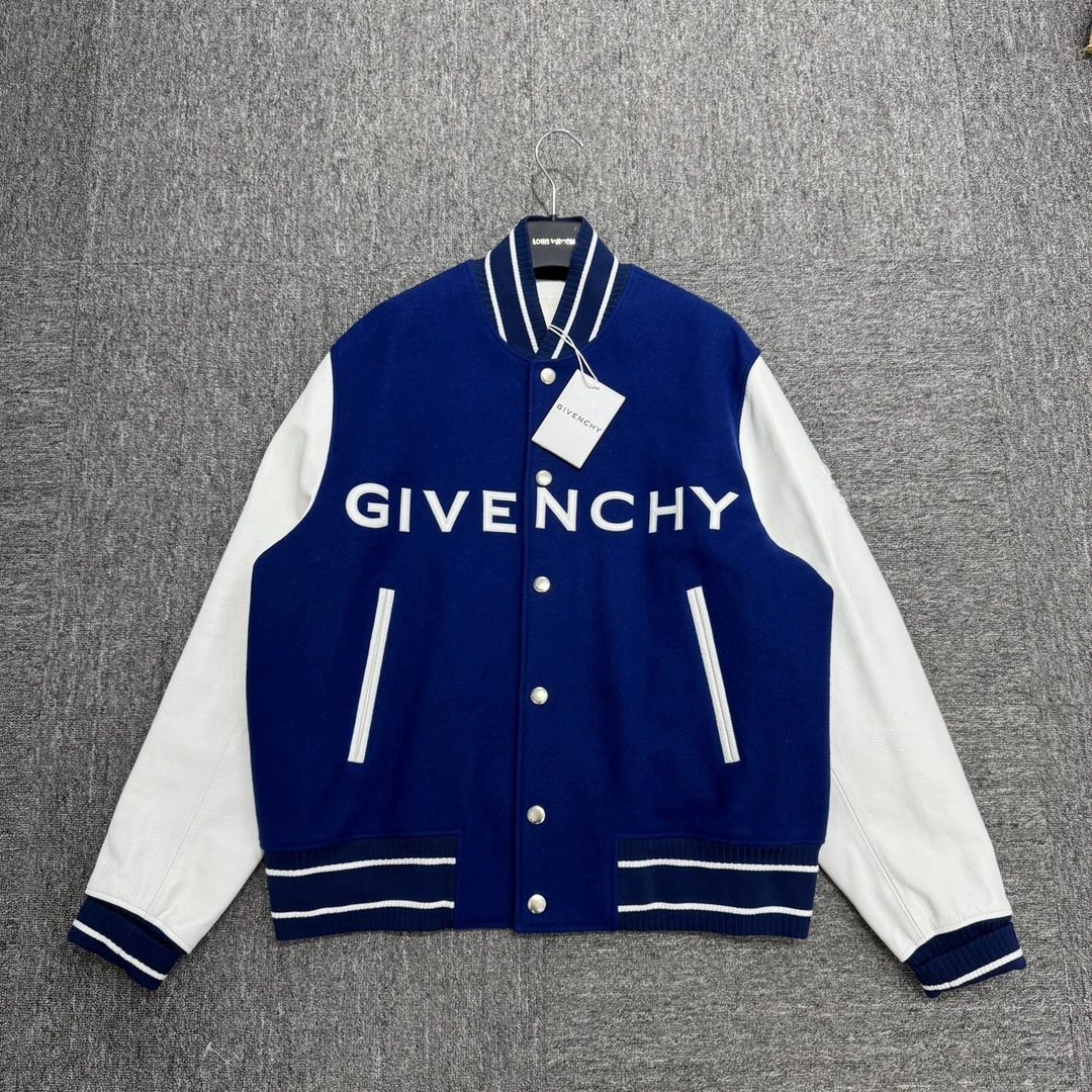 Givenchy logo白蓝毛拼接牛皮棒球服/50码/全新带吊/11379