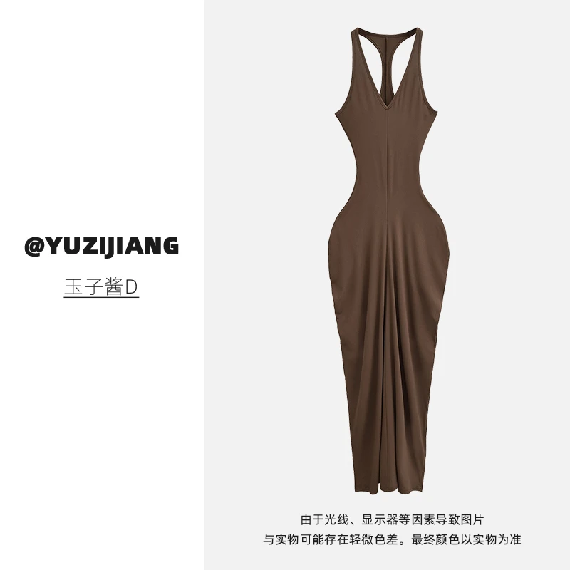 玉子酱 美式性感露背褶皱收腰无袖挂脖连衣裙女夏修身显瘦包臀裙