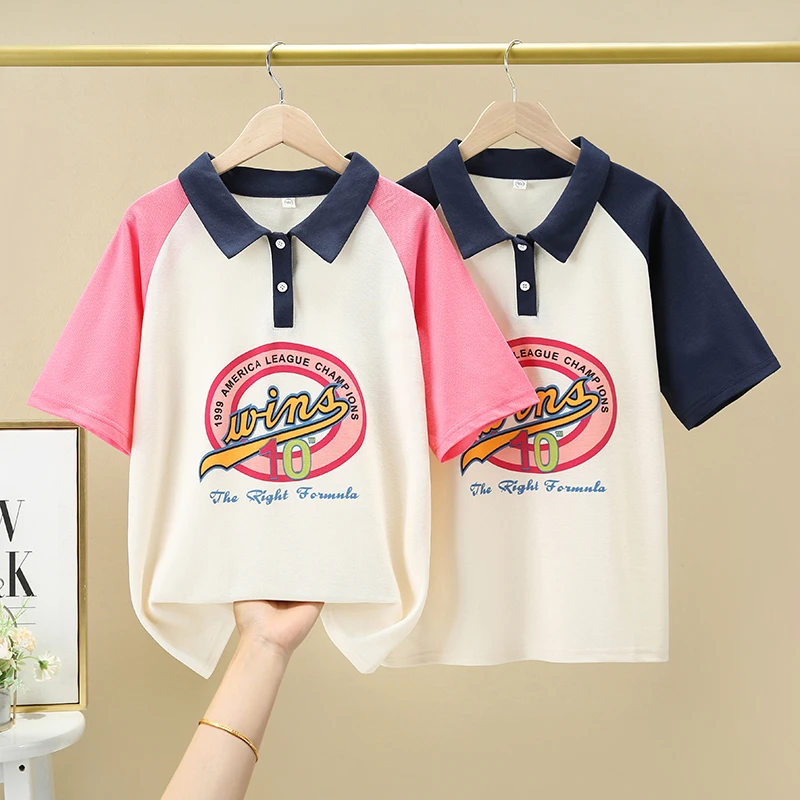 女童新款短袖撞色POLO衫夏季韩系印花宽松t恤中大童带领洋气上衣