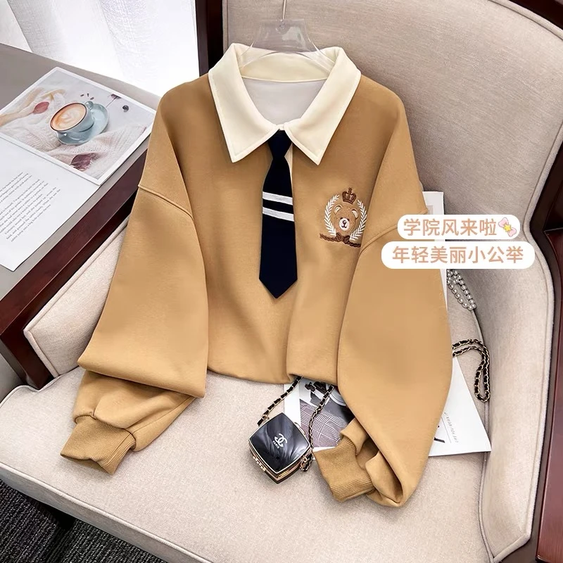 女童卫衣2024新款小熊翻领春秋学院风日系polo领宽松甜酷上衣洋气