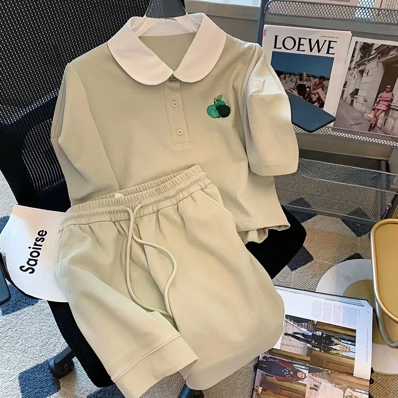 女童撞色娃娃领套装夏季2023新款中大童宽松运动短裤公主风两件套