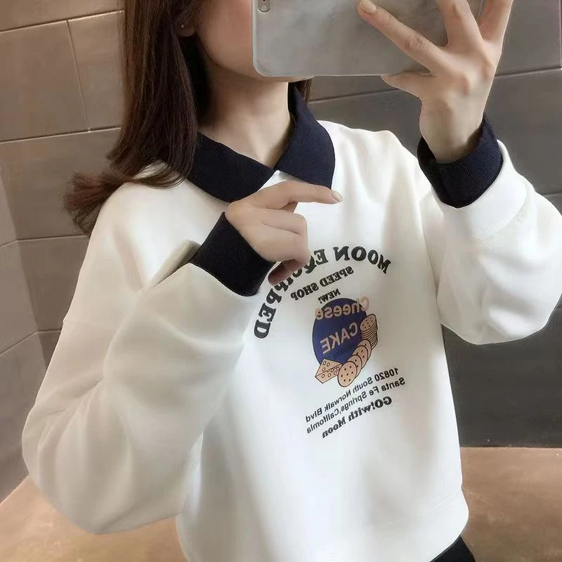 女童春秋polo领校园风卫衣中大童衬衫领洋气印花撞色长袖上衣洋气