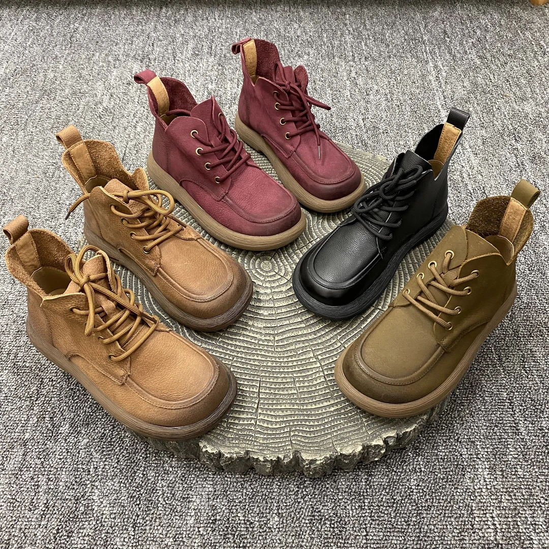 百搭复古平底真皮女款短靴2023秋季新款休闲厚底系带中帮圆头女鞋