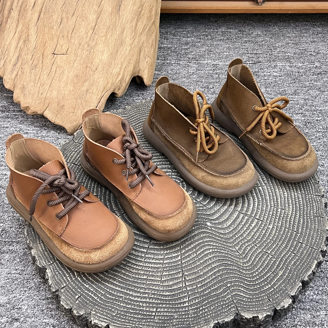 复古百搭真皮女款短靴2024秋季新款拼接丑萌头层牛皮软底女靴