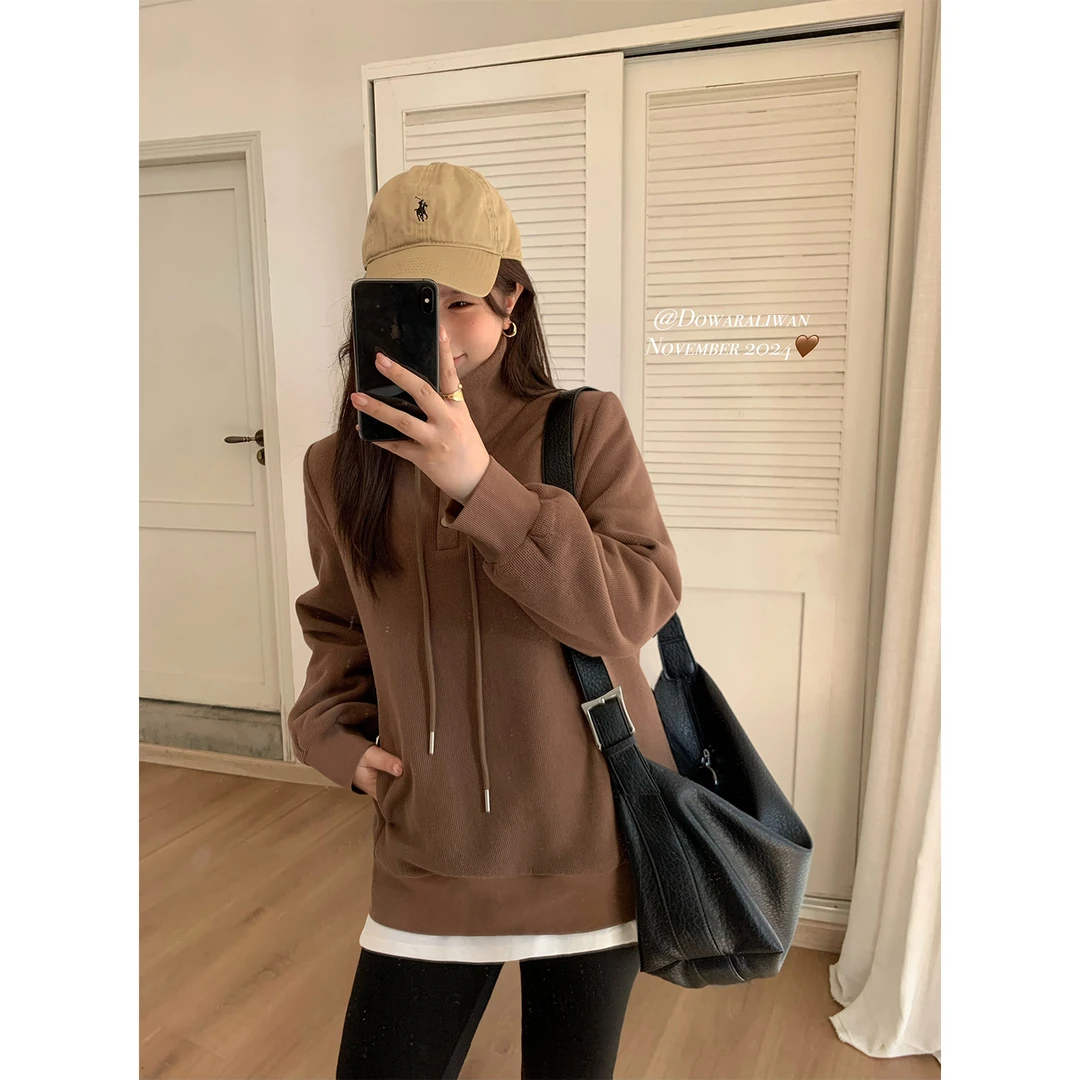 现货大婉酱微胖定制 韩系休闲百搭纯色德绒立领卫衣套头上衣6426D
