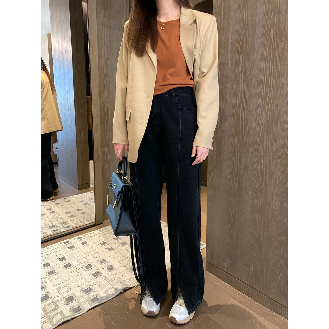 现货折扣4126D大婉酱微胖定制秋复古休闲百搭显瘦开叉牛仔裤