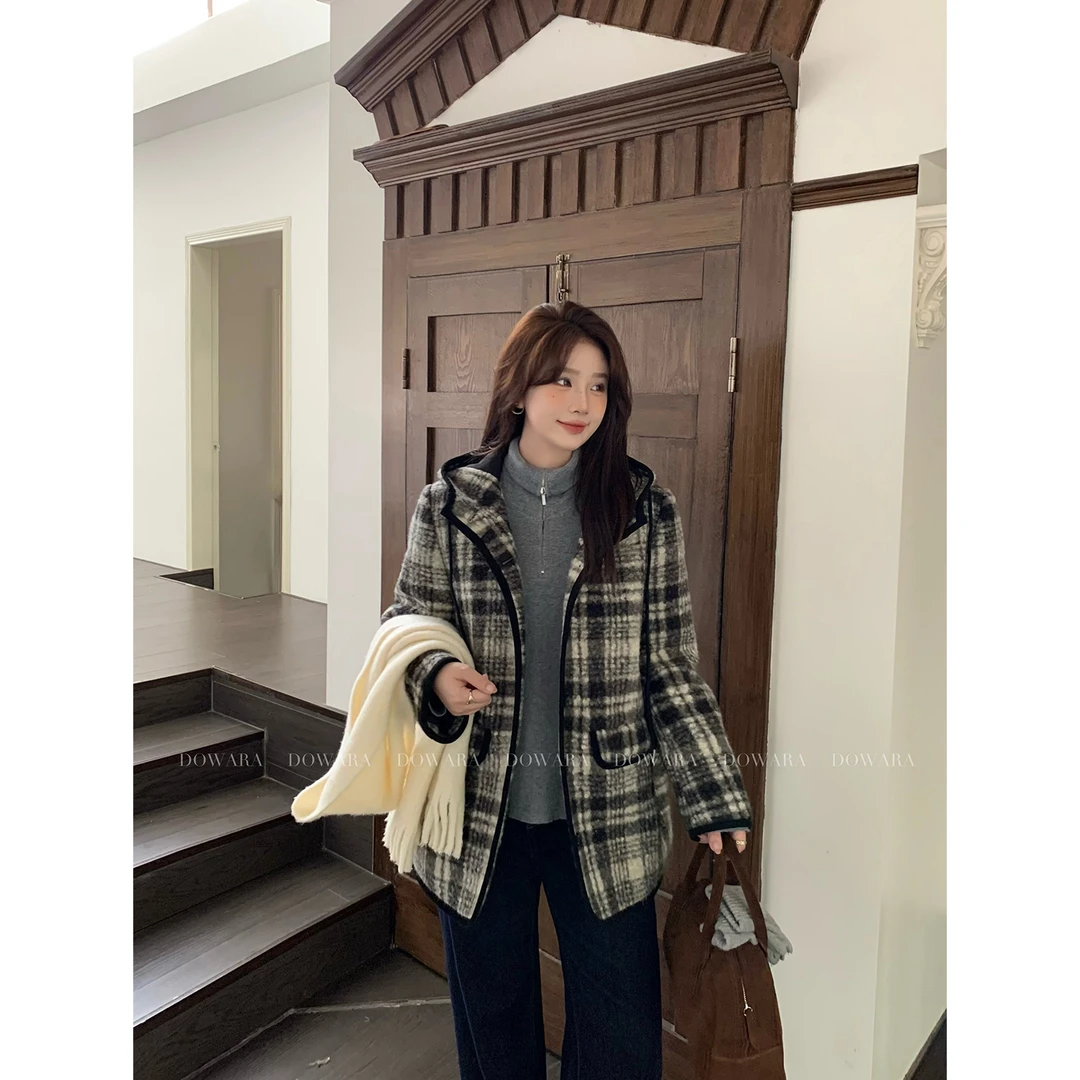 大婉酱微胖定制 韩系复古小香风连帽格子外套女冬季显瘦上衣7295D