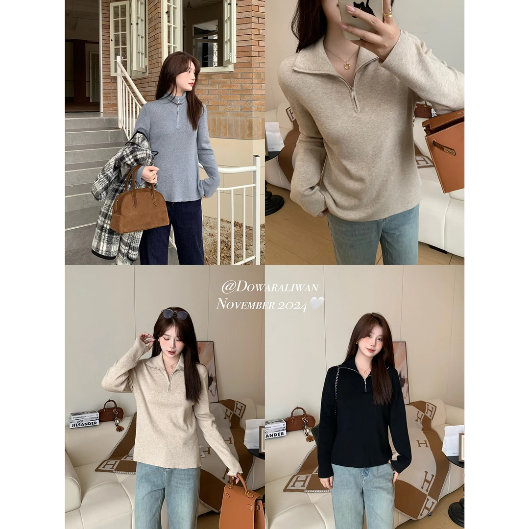 大婉酱微胖定制 绵羊毛半高领拉链针织衫女显瘦内搭上衣5741D