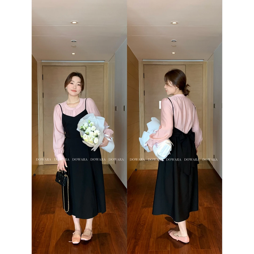 大婉酱微胖定制吊带女装连衣裙新款绑带蝴蝶结黑色显瘦长裙 4778D