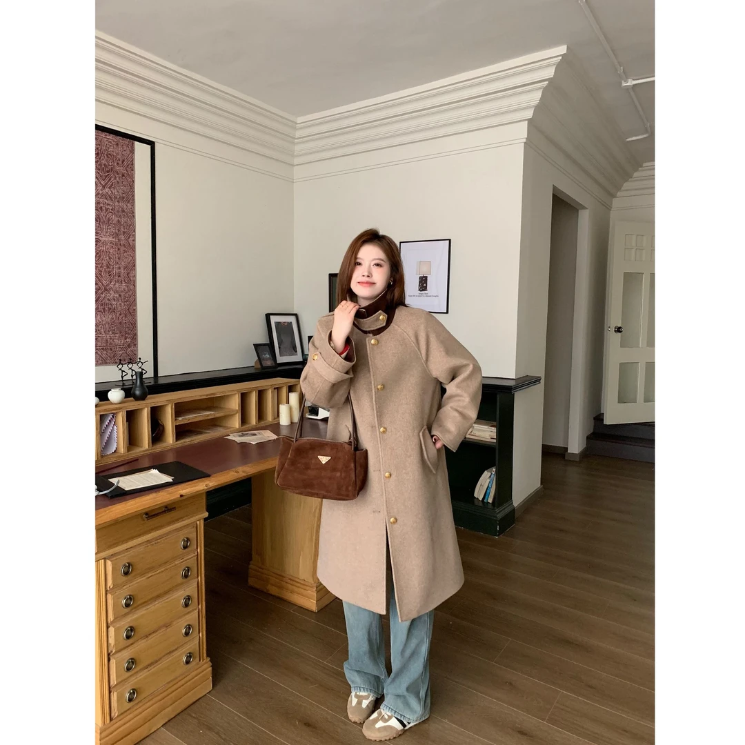 大婉酱微胖定制 韩系高级感毛呢大衣秋冬复古中长款立领外套7404D
