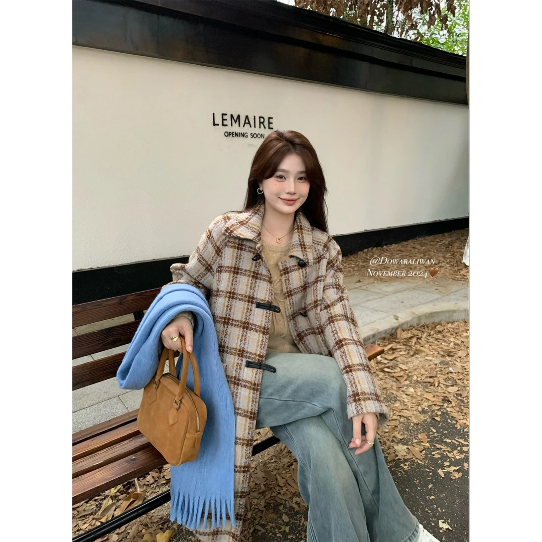 大婉酱微胖定制韩版复古格纹绵羊毛毛呢大衣冬季新款外套女 5550D