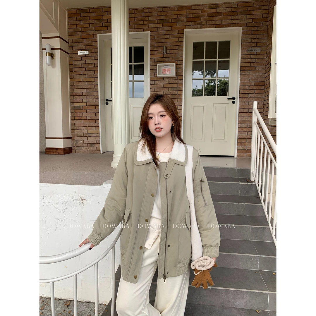 现货大婉酱微胖定制 翻领气质工装风外套女宽松加厚保暖上衣5843D