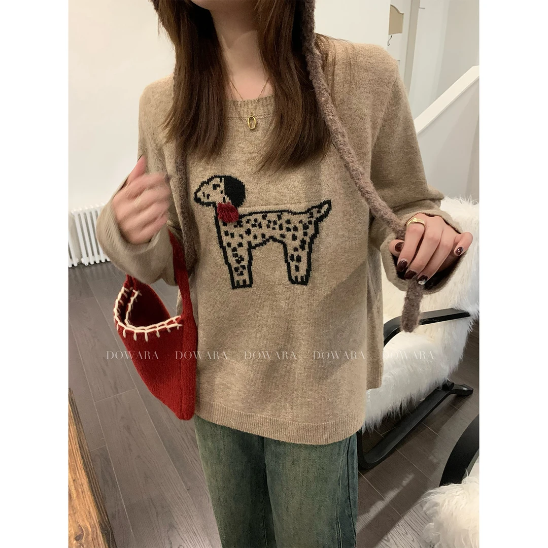 现货大婉酱微胖定制 韩系狗狗圆领毛衣女新款慵懒风套头上衣6375D