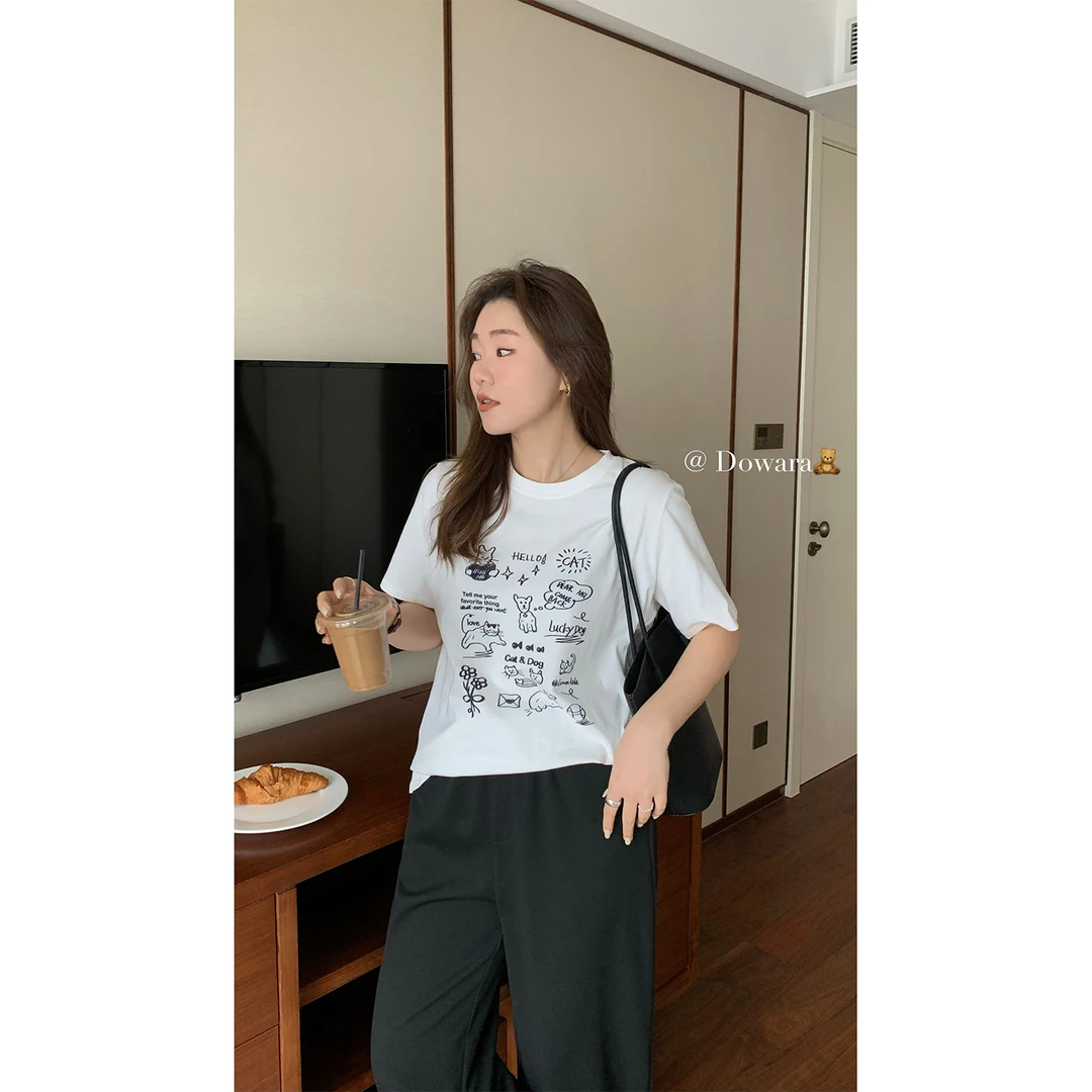 大婉酱微胖定制韩系短袖印花T恤女新款宽松显瘦百搭休闲上衣4665D