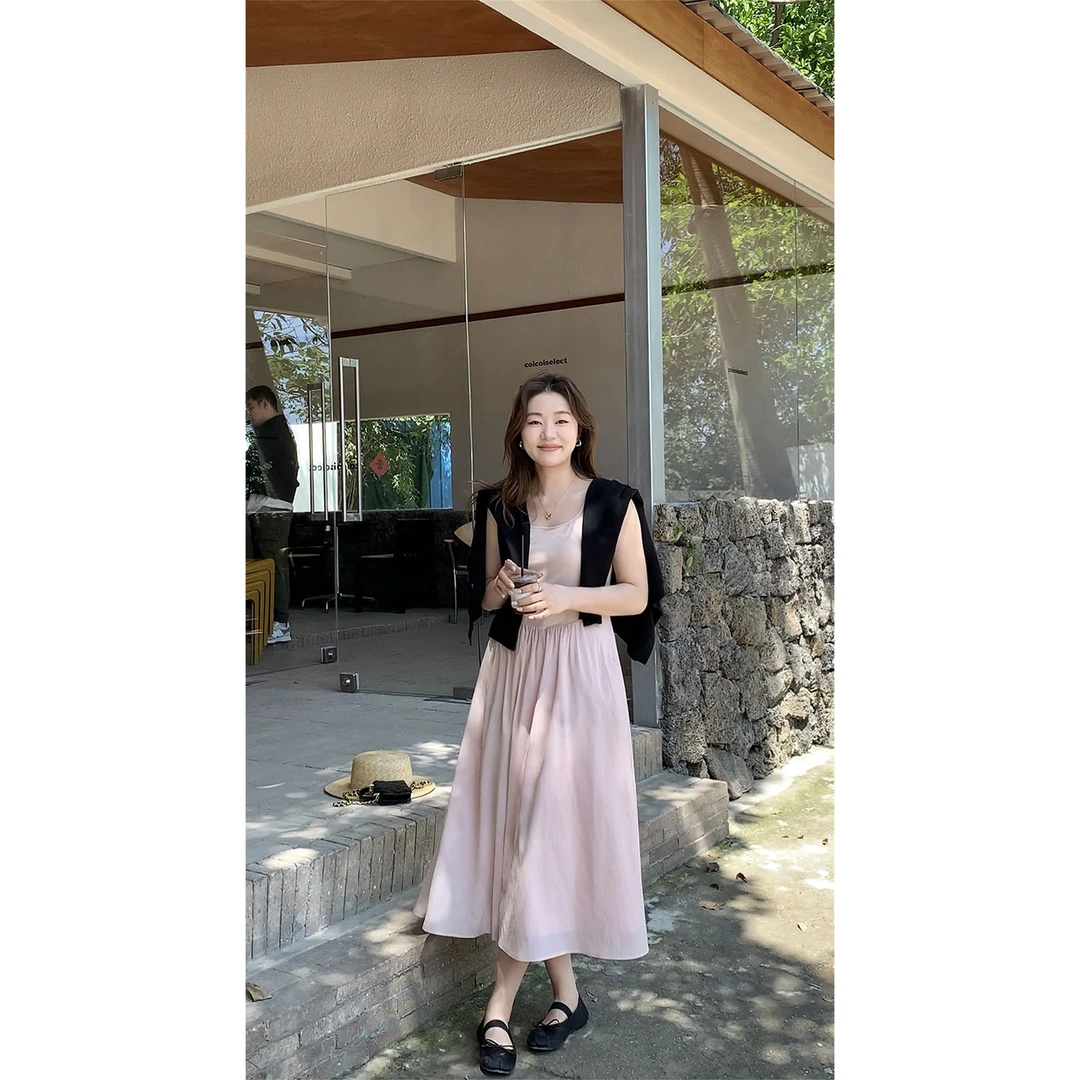 大婉酱微胖定制设计拼接无袖连衣裙女夏季新款度假风休闲裙 4719D