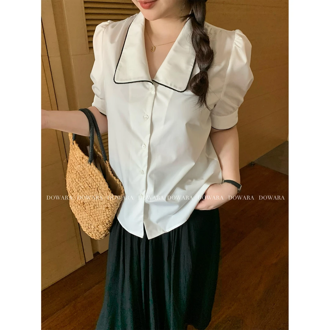 现货4765D大婉酱微胖定制白色衬衫2024夏季新款法式设计翻领别致