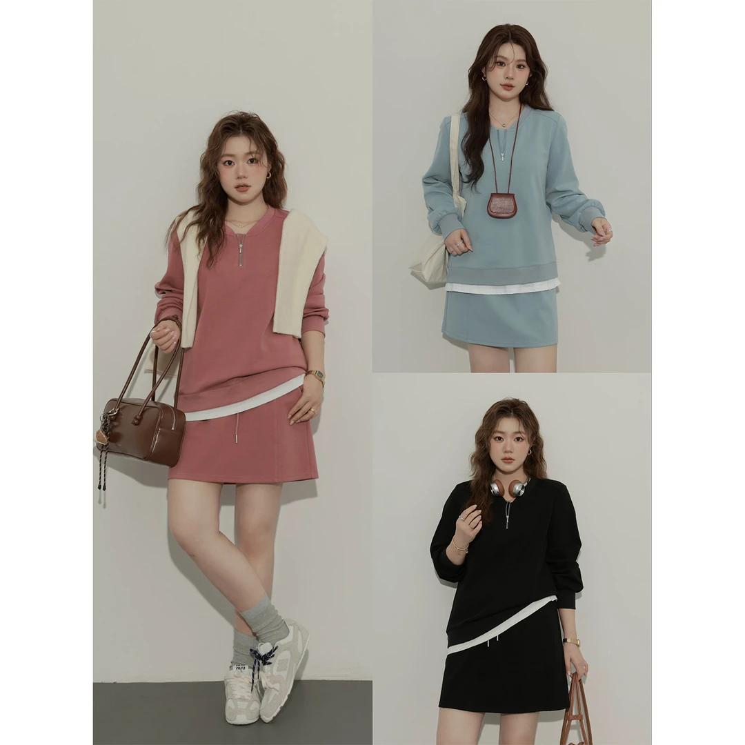 大婉酱微胖定制休闲套装假两件卫衣+半裙两件套早秋一套穿搭6274D