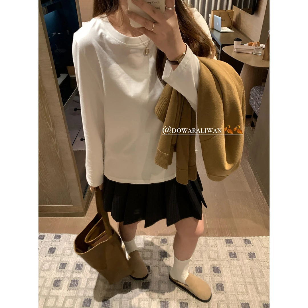 现货折扣4088D大婉酱微胖定制 早秋纯色圆领百搭显瘦长袖外穿T恤