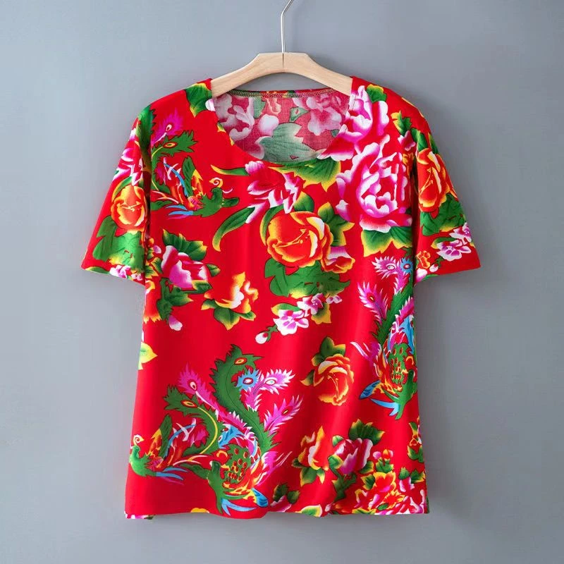 东北大花布短袖大码T恤夏季网红休闲大花潮流半袖搞笑上衣沙滩薄