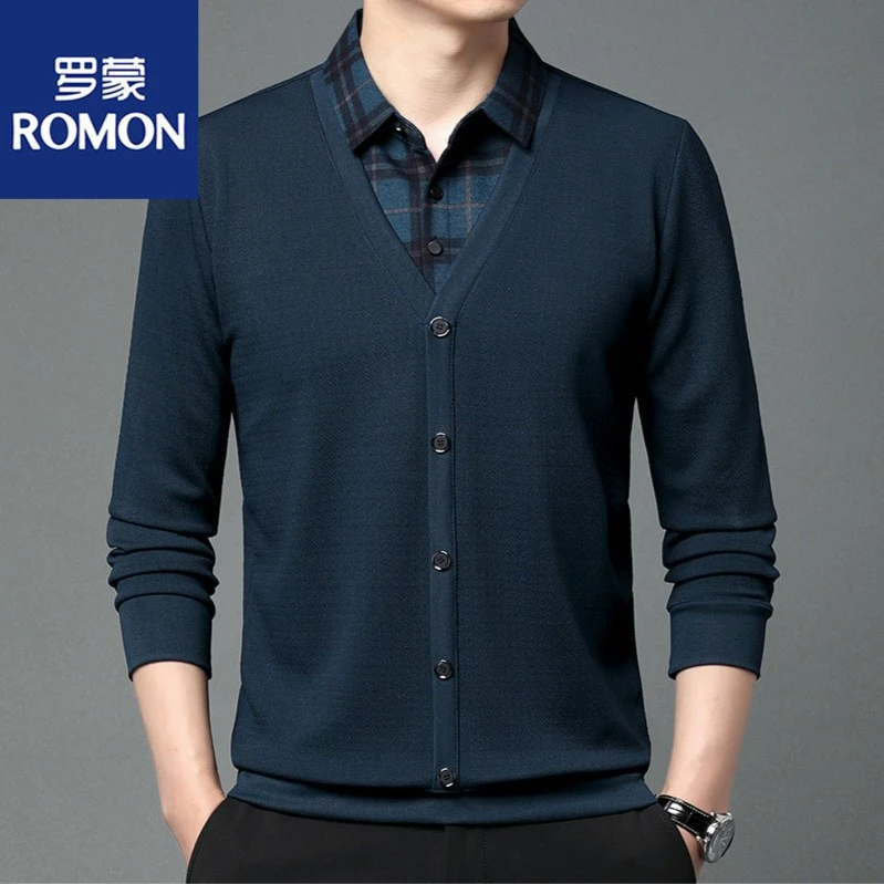 Romon/罗蒙秋季2023新款商务休闲假两件上衣中年宽松衬衫领打底衫