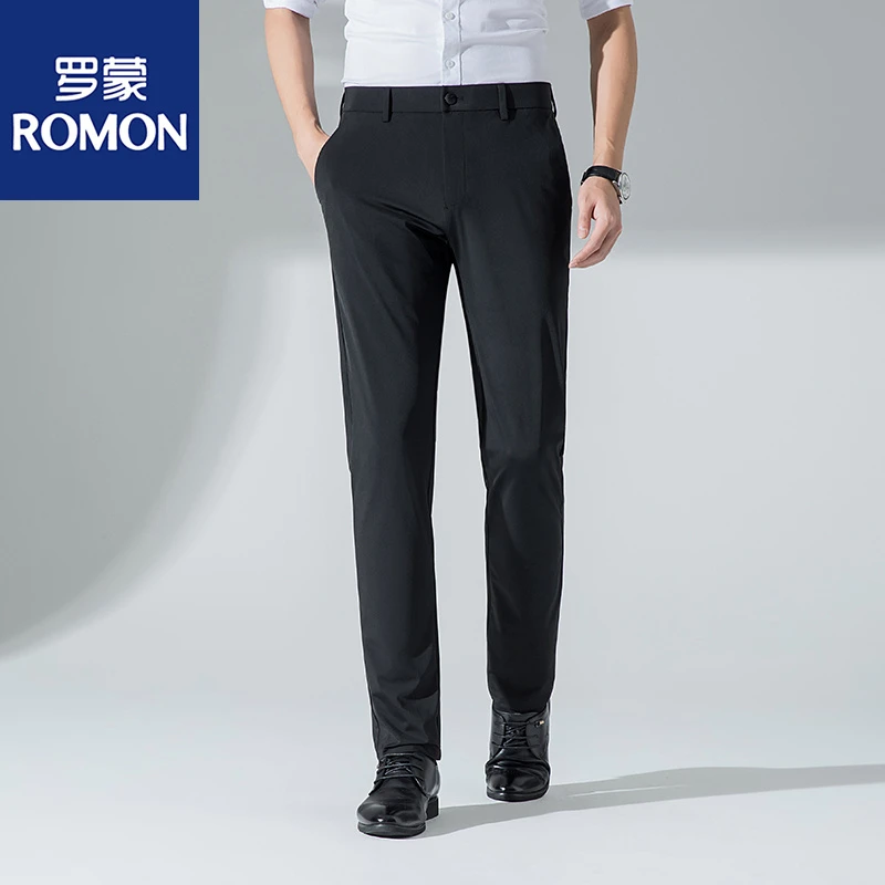 Romon/罗蒙冰丝高弹男士商务休闲裤夏季薄款纯色百搭宽松直筒裤男